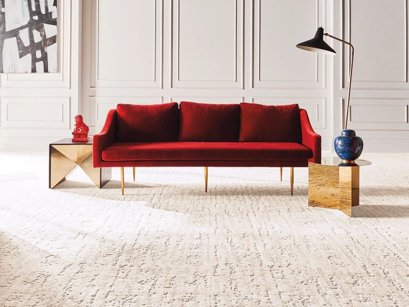 Red couch on carpet floor - CARPET LOVER PLUS in MA